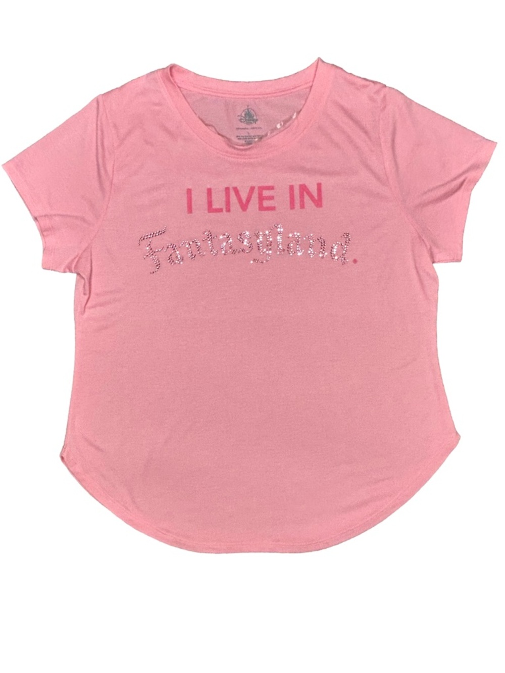 Disney Parks pink glam rhinestones girly princess I live in Fantasy Land shirt L